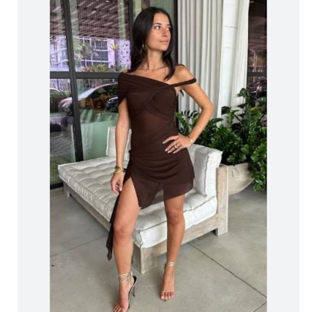 Ronny Kobo Izel Dress in Desert Chocolate Brown Draped Mesh Twist Mini Revolve - Picture 6 of 13
